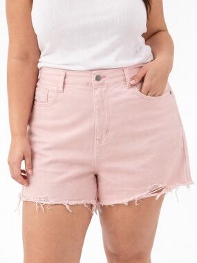 Judy Blue Pink Distressed Denim Shorts Raw Hem Stretch High Rise Size 2XL cut of